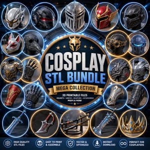 Könnte beinhalten: Werbebild für ein Cosplay STL-Bundle mit verschiedenen Helmen, Rüstungen, Waffen und Zubehör. Das Bild zeigt einen Ritterhelm, eine Pestdoktormaske und Fantasy-Schwerter. Der Text lautet "COSPLAY STL BUNDLE MEGA COLLECTION".