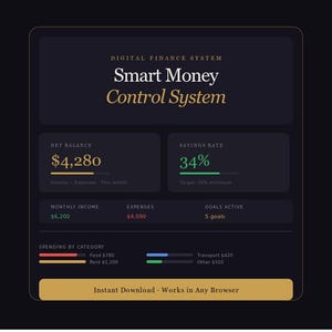 以下が含まれることがあります： 暗い背景のデジタル金融システムインターフェース。「Smart Money Control System」と、純資産、貯蓄率、月収、支出、支出カテゴリなどの財務データが表示されます。「Instant Download - Works in Any Browser」というテキストが含まれています。