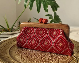 Red Embroidered Clutch – Walnut Wood Frame, Handmade Bag, Gift for her, Women Crossbody bag