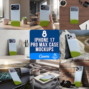May include: A collection of iPhone 17 Pro Max case mockups. The cases are light blue with a green wave design. The image includes a blue square with the text "8 iPhone 17 Pro Max Case Mockups" and the Canva logo.