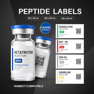 Peut inclure: Deux flacons en verre transparent avec des bouchons bleus et des étiquettes blanches indiquant RETATRUTIDE INJECTION 10MG. À droite, quatre étiquettes rectangulaires pour Semaglutide, BCP-157, GHK-CU et Argireline avec QR codes. Texte PEPTIDE LABELS et NIIMBOT COMPATIBLE.