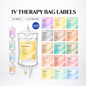 Può includere: Un set di 15 etichette quadrate per sacche per terapia endovenosa che misurano 7,62 x 7,62 cm, con un design modificabile su Canva. Le etichette mostrano vari titoli come Recovery+, Immunity Support ed Energy Support su sfondi sfumati colorati.
