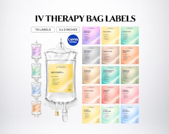 Etiquetas personalizadas para sueros intravenosos, plantillas editables para bolsas de goteo de terapia intravenosa, diseños de etiquetas clínicas imprimibles, inmunidad, vitaminas, etiquetas para medicamentos, digitales