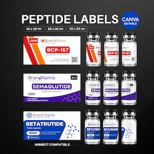 Editable Peptide Labels Template BUNDLE, Purple/Orange/Blue Peptide Vial Labels Stickers, Custom Niimbot Label Printable,BCP-157 Design, Med