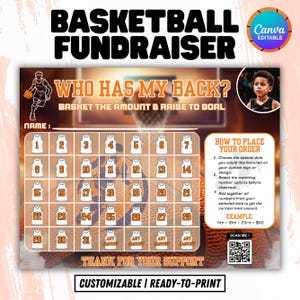 Könnte beinhalten: Ein Basketball-Fundraising-Flyer mit Basketball-Motiv. Der Flyer zeigt einen Basketballkorb, Trikots und den Text "Basketball Fundraiser". Er enthält Anweisungen zur Bestellung und einen QR-Code.