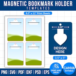 May include: A template for magnetic bookmark holders. The design includes four bookmark templates with a landscape scene and a separate design element. The design element is 2.55 inches wide and 3.5 x 5 inches in size. The text includes "MAGNETIC BOOKMARK HOLDER TEMPLATES".