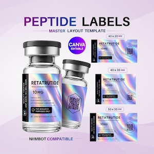May include: A digital master layout template for peptide labels featuring two glass vials with holographic labels. The labels display the text RETATRUTIDE, 10MG, and include QR codes. Dimensions of 40x20mm, 40x30mm, and 50x30mm are clearly visible.