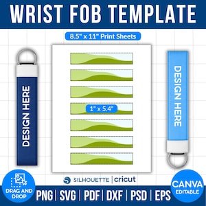 Puede incluir: Una plantilla para llaveros de muñeca con el texto "WRIST FOB TEMPLATE". El diseño incluye una hoja con plantillas verdes y blancas, dos llaveros de muñeca y el texto "DESIGN HERE". La hoja es de 21,6 cm x 27,9 cm y la plantilla es de 2,5 cm x 13,7 cm.