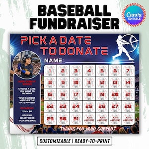 Könnte beinhalten: Ein Baseball-Fundraising-Flyer mit dem Text "BASEBALL FUNDRAISER" in großen schwarzen Buchstaben. Der Flyer enthält einen Abschnitt zum "PICK A DATE TO DONATE" mit nummerierten Basebällen und einer Baseballspieler-Silhouette.