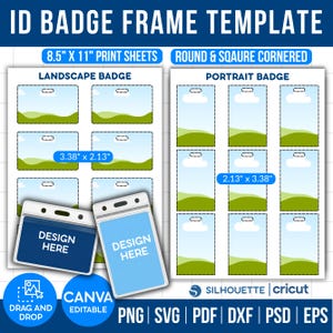 May include: ID badge frame template with landscape and portrait badge designs. The landscape badge measures 8.6 cm x 5.4 cm, and the portrait badge measures 5.4 cm x 8.6 cm. Includes the text "DESIGN HERE" on two blue ID badge holders. The image also includes the text "CANVA EDITABLE".