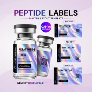 May include: A master layout template for peptide labels featuring two clear glass vials with silver caps and holographic labels. The labels display the text RETATRUTIDE, 10 MG, and QR codes. Three additional label sizes are shown: 40x20 mm, 40x30 mm, and 50x30 mm.