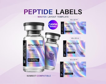 Editable Peptide Label Template, Retatrutide Label, Holographic Peptide Vial Bottle Sticker, Custom Niimbot Label, Printable Peptide Therapy