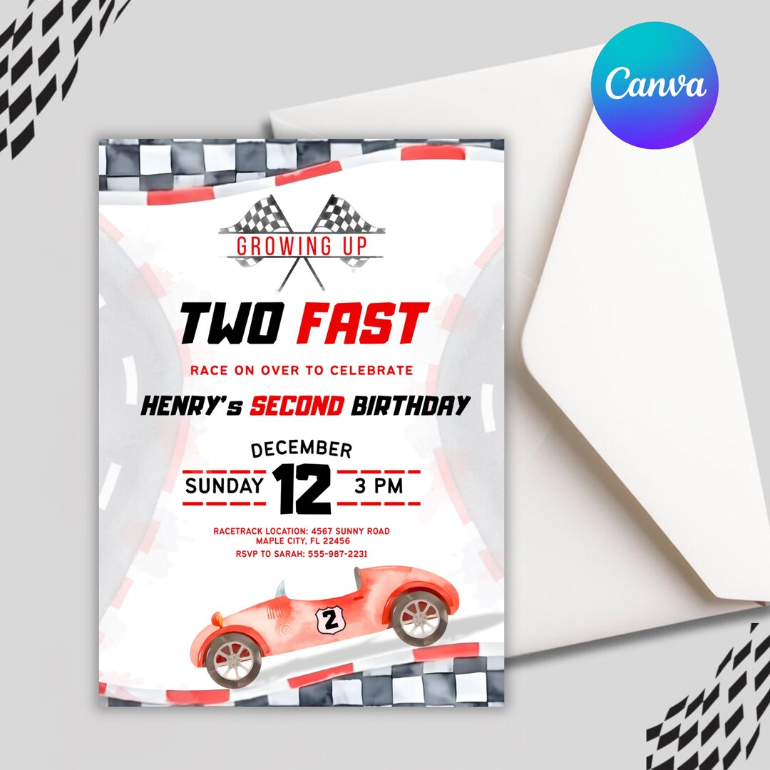 Invitations In Racing Example Editable Two Fast Invitation, Racing Car 2nd Birthday Invite, Racing ...