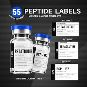 Bewerkbare sjablonen voor peptide-etiketten, aangepaste Niimbot-etiketten, sticker voor peptideflacons, 3 ml, 5 ml, 10 ml, Retatrutide-etiket, printbaar, BCP-157