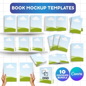 Op de afbeelding: Een verzameling boek mockup templates met een blauwe lucht en wolken ontwerp. De afbeelding bevat verschillende boek lay-outs, waaronder open en gesloten boeken, en boeken op planken. De tekst "BOOK MOCKUP TEMPLATES" staat bovenaan.