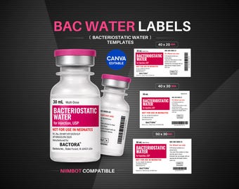 Plantillas de etiquetas para agua bacteriostática, etiquetas editables para viales de agua bacteriostática de 30 ml, etiquetas de péptidos, pegatinas rosas, etiquetas personalizadas para Niimbot imprimibles.