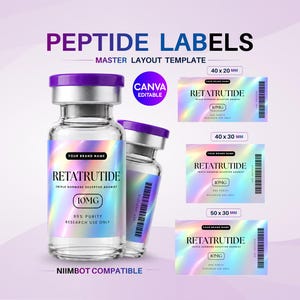 Peut inclure: Un modèle numérique d'étiquettes pour peptides avec deux flacons en verre transparent à bouchon violet et étiquettes holographiques. Le texte indique RETATRUTIDE, 10MG, 99% PURITY, RESEARCH USE ONLY. Trois formats inclus : 40x20mm, 40x30mm et 50x30mm.