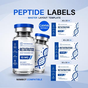 Mallar för redigerbara peptidetiketter, retatrutid, klistermärken för peptidflaskor, anpassade Niimbot-etiketter, utskrivbara designer för peptidterapi