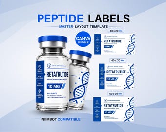 Modelli di etichette per peptidi modificabili, adesivi per flaconi di fiale di peptidi, etichette Niimbot personalizzate, Retatrutide, layout master, peptidi stampabili, Med