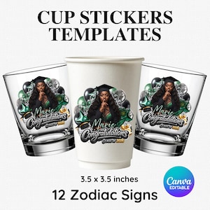 May include: A set of graduation-themed cup stickers and templates. The design features a portrait of a graduate with the text "Marie Congratulations Class of 2026". The stickers are 3.5 x 3.5 inches and include 12 zodiac signs.