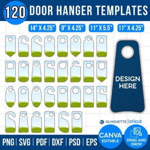 Puede incluir: Imagen que muestra 120 plantillas de colgadores de puerta en diversas formas y tamaños, con dimensiones como 35,56 cm x 10,8 cm y 27,94 cm x 14 cm. La imagen incluye el texto "DESIGN HERE" y formatos de archivo: PNG, SVG, PDF, DXF, PSD y EPS.