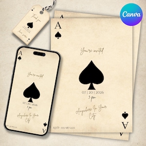 Può includere: Un set di inviti in stile vintage con un design di asso di picche. Il set include una carta, un'etichetta e uno smartphone che mostra lo stesso design. Il testo "You're invited" è visualizzato sulla carta e sul telefono.