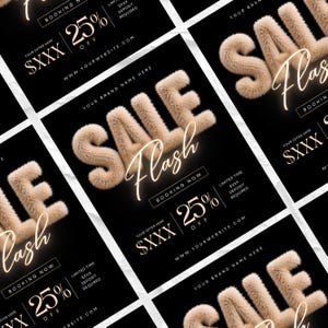 K&ouml;nnte beinhalten: Eine digitale Marketing-Flyervorlage mit schwarzem Hintergrund, die das Wort SALE in gro&szlig;en, beigen 3D-Kunstfellbuchstaben zeigt. Darunter steht das Wort Flash in einer leuchtenden Schreibschrift, gefolgt von Text f&uuml;r 25% Rabatt und Website.