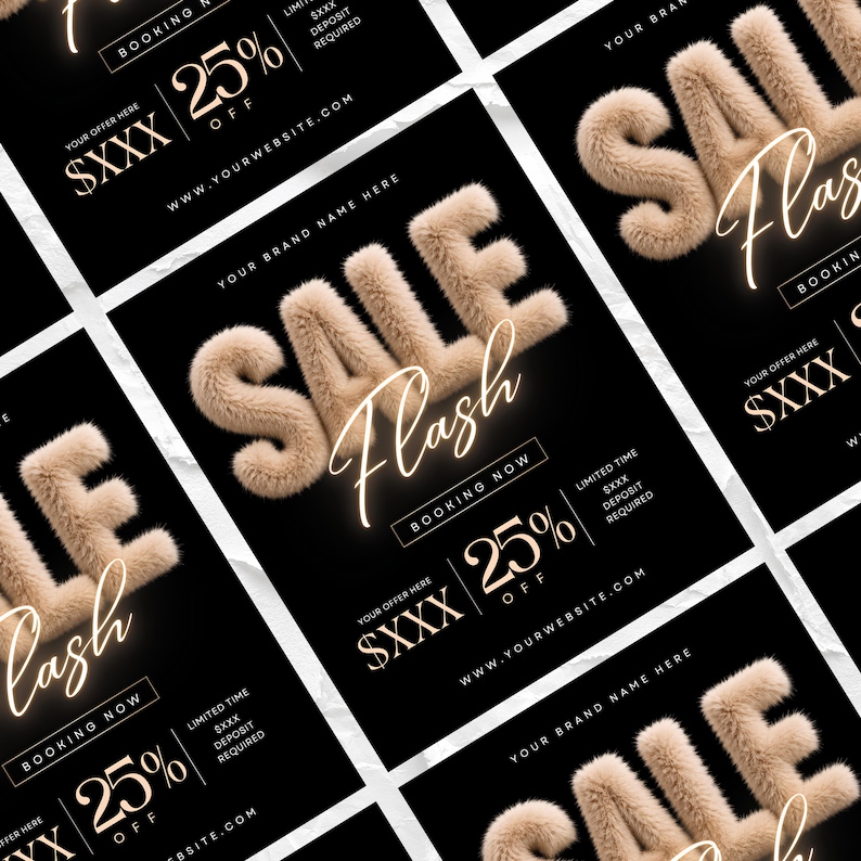 K&ouml;nnte beinhalten: Eine digitale Marketing-Flyervorlage mit schwarzem Hintergrund, die das Wort SALE in gro&szlig;en, beigen 3D-Kunstfellbuchstaben zeigt. Darunter steht das Wort Flash in einer leuchtenden Schreibschrift, gefolgt von Text f&uuml;r 25% Rabatt und Website.