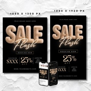 K&ouml;nnte beinhalten: Ein digitales Marketing-Vorlagenset mit dem Text SALE Flash in beigen Kunstfellbuchstaben auf schwarzem Hintergrund. Enth&auml;lt Platzhalter f&uuml;r Markennamen, booking now, 25% off und Website-URL sowie zwei Smartphone-Mockups mit den Designs.