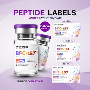 Mallar för redigerbara peptidetiketter, anpassade Niimbot-etiketter, BPC-157, klistermärke för peptidflaskor, utskrivbara designer för peptidterapi, medicinska