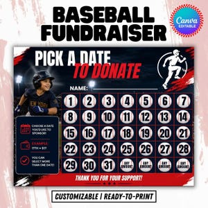 Pode incluir: Um folheto de angariação de fundos de basebol com um jovem jogador em uniforme, uma grelha de calendário com bolas de basebol numeradas de 1 a 31, e texto incluindo BASEBALL FUNDRAISER, PICK A DATE TO DONATE, NAME e THANK YOU FOR YOUR SUPPORT.