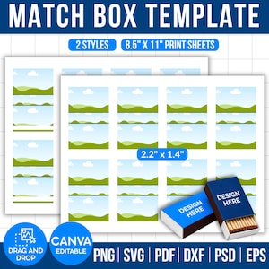 May include: Match box template with two styles, 8.5" x 11" print sheets. The design includes landscape images and two matchboxes with "Design Here" text. The template is Canva editable and supports PNG, SVG, PDF, DXF, PSD, and EPS formats.