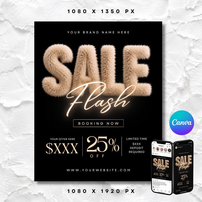 K&ouml;nnte beinhalten: Ein schwarzer digitaler Werbeflyer mit dem Text SALE in gro&szlig;en beigen Kunstfellbuchstaben, dem Wort Flash in leuchtender Schreibschrift sowie dem Text BOOKING NOW, 25% OFF und Platzhaltern f&uuml;r Markenname, Website und Anzahlungsdetails.