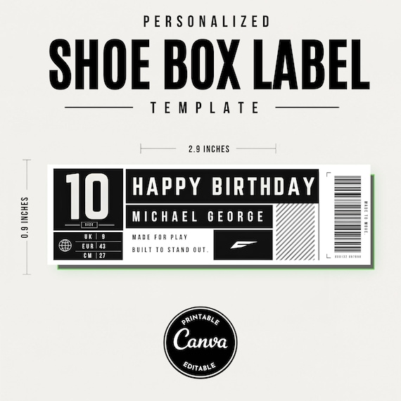 Birthday Shoe Box Label Template. Printable Mini Sneaker Box Label, Editable Party Favor Label, Black and White Label Canva Template
