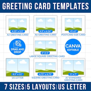 Bearbeitbare Grußkarten Vorlagen, 7 druckbare Karten, Geburtstagskartenvorlagen, Mini Grußkarte Canva Rahmen, A2 Grußkarte, Postkarte