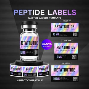 Può includere: Un modello digitale per etichette di peptidi con una fiala in vetro trasparente e un'etichetta olografica con la scritta RETATRUTIDE 10 MG. Il layout include tre dimensioni di etichette rettangolari: 40x20 mm, 40x30 mm e 50x30 mm.
