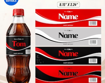 Plantilla de Canva para etiquetas personalizadas de Coca-Cola, etiquetas personalizadas para Coca-Cola, pegatinas con nombres para refrescos, envoltorios para recuerdos de fiestas de cumpleaños, envoltorios para botellas de Coca-Cola roja.