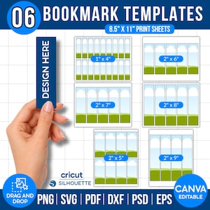 Puede incluir: Una mano sostiene una plantilla de marcapáginas azul oscuro con las palabras "DESIGN HERE". La imagen muestra varios diseños de marcapáginas, incluyendo tamaños como 2,5 cm x 10 cm, 5 cm x 15 cm y 5 cm x 23 cm, en hojas de impresión A4. También incluye el texto "CANVA EDITABLE".