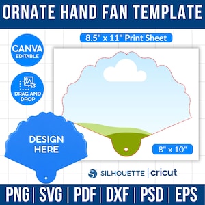 Könnte beinhalten: Digitalvorlage für ein verziertes Handfächer-Design. Das Bild zeigt eine blaue Fächerform mit dem Text "DESIGN HERE" und ein weißes Blatt mit einer Fächerkontur. Text beinhaltet "CANVA EDITABLE", "DRAG AND DROP" und Dateitypoptionen.