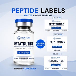 Vorlagen für individuelle Peptidetiketten, bearbeitbare Etikettenaufkleber für Niimbot-Peptidampullen, druckbares Retatrutid-Etikettendesign, Peptidflaschenaufkleber