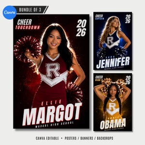 May include: A bundle of three digital cheerleading poster templates featuring athletes in maroon, navy, and gold uniforms with the letter R. Each poster includes the text Cheer, 2026, Mascol High School, and names like Margot, Jennifer, and Obama.