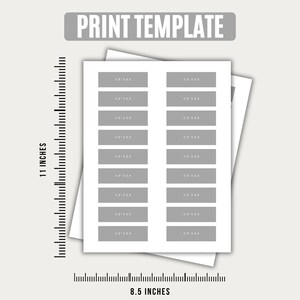 Puede incluir: Una hoja de plantilla de impresi&oacute;n blanca con dos columnas de ocho etiquetas rectangulares grises. El texto PRINT TEMPLATE aparece en la parte superior. Una regla vertical indica 11 pulgadas y una horizontal 8.5 pulgadas de tama&ntilde;o.