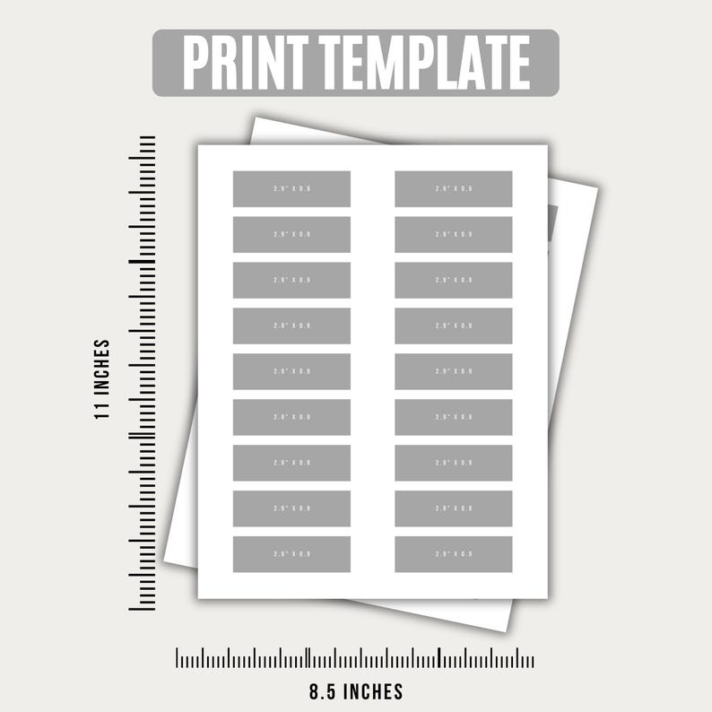 Puede incluir: Una hoja de plantilla de impresi&oacute;n blanca con dos columnas de ocho etiquetas rectangulares grises. El texto PRINT TEMPLATE aparece en la parte superior. Una regla vertical indica 11 pulgadas y una horizontal 8.5 pulgadas de tama&ntilde;o.