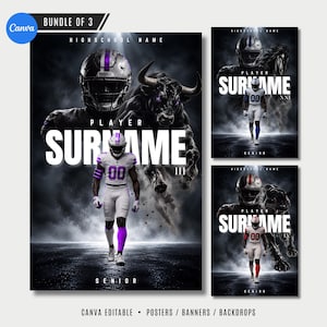 Könnte beinhalten: Ein Set aus drei digitalen Sportplakatvorlagen mit einem Footballspieler in weißer Uniform mit violetten Akzenten, einem großen Stier, einem Pferd und einem Panther. Die Designs enthalten Textplatzhalter für Schulnamen und Spielernamen.