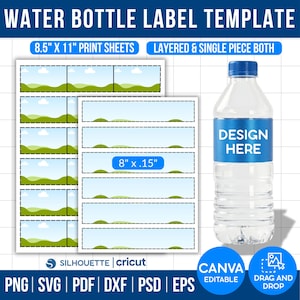 Può includere: Una bottiglia d'acqua trasparente con tappo blu ed etichetta blu con la scritta "DESIGN HERE". L'immagine mostra anche modelli di etichette per bottiglie d'acqua con disegni di paesaggi, di dimensioni 21.6cm x 27.9cm e 20.3cm x 0.38cm.