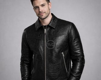 Black Crocodile Embossed Leather Jacket Exotic Texture Designer Men's Fashion Coat Wear