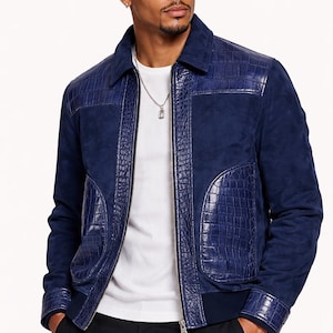 Chaqueta bomber de ante de lujo para hombre con ribete de piel de cordero con relieve de cocodrilo