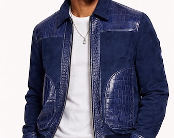 Luxury Suede Bomber Jacket for Men with Crocodile Embossed Lambskin Trim