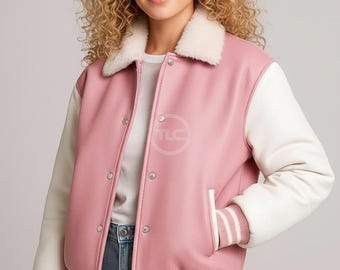 Pink Varsity Jacket for Women with Faux Fur Collar, Retro Baseball Style Bomber Coat