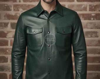Men's Leather Shirt Lambskin Snap Button Front Slim Fit Green Leather Overshirt for Men